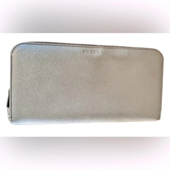 PRADA Gray Saffiano Leather Logo Embossed Zip-Around Long Wallet - Picture 2 of 13